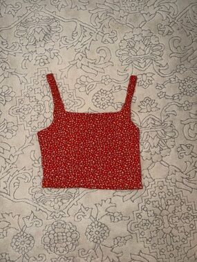 American Eagle Red Orange Floral Square-Neck Crop Tank Top